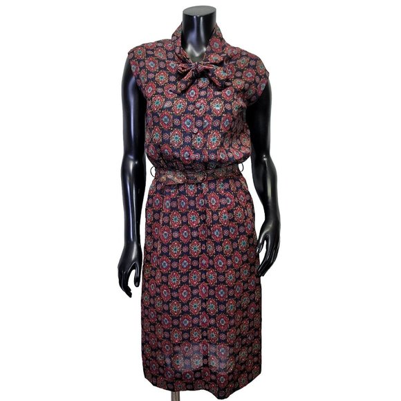 Vintage‎ 50s Handmade Sheer Pussycat Bow Ornate Paisley Sleeveless Sheath Dress - Picture 1 of 11